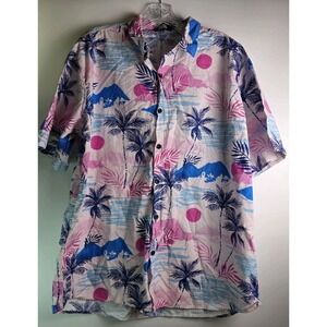 Jogal Button Down Shirt Hawaiian Palm Trees Pink Mens Medium XL